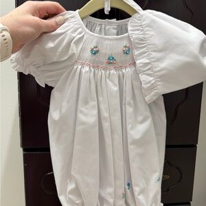 NWOT Mommy & Me White Smocked Baby Bubble with Floral Embroidery and Bonnet